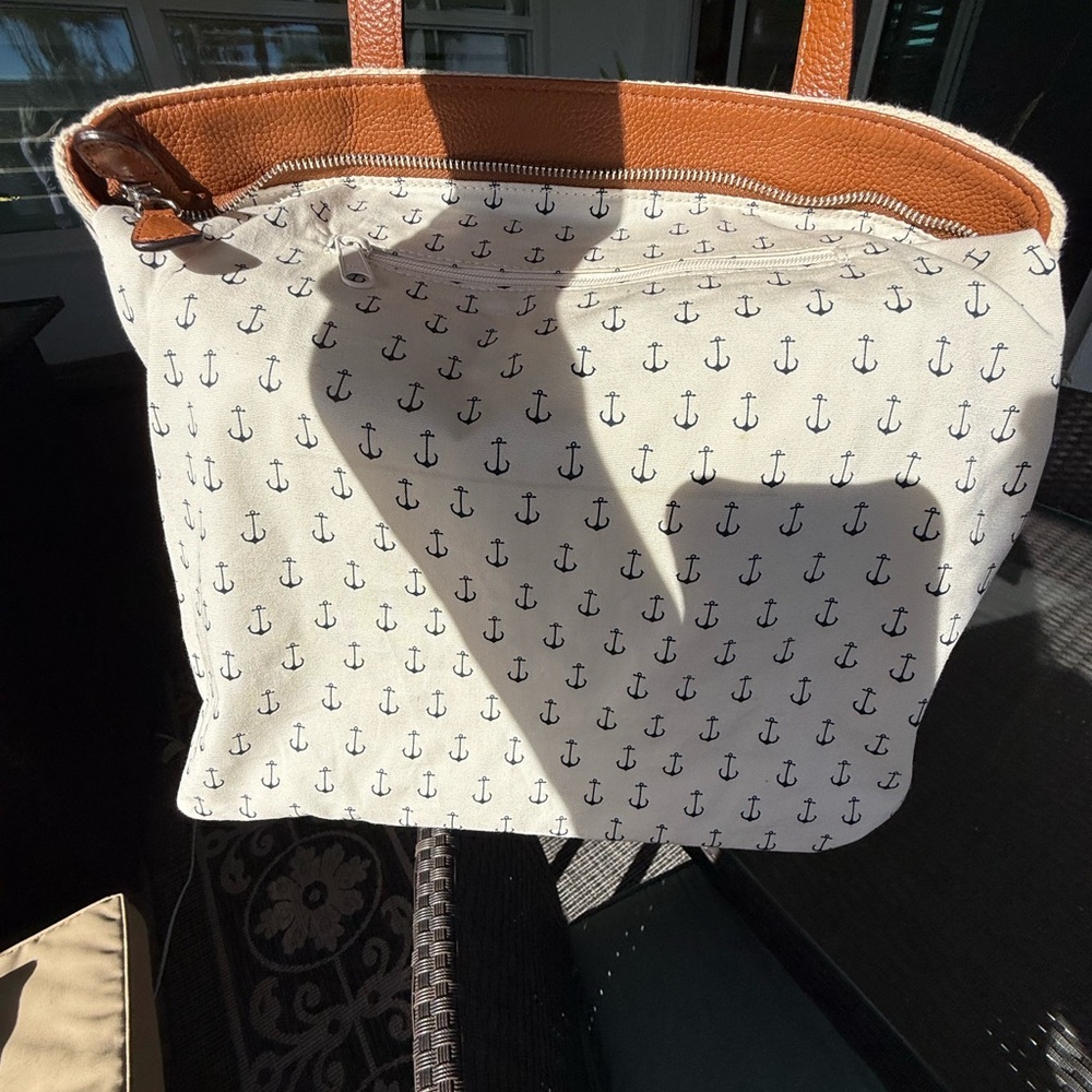 Brighton Sea to Shore Navy and White Striped Tote with Brown Anchor Accent - Picture 12 of 15
